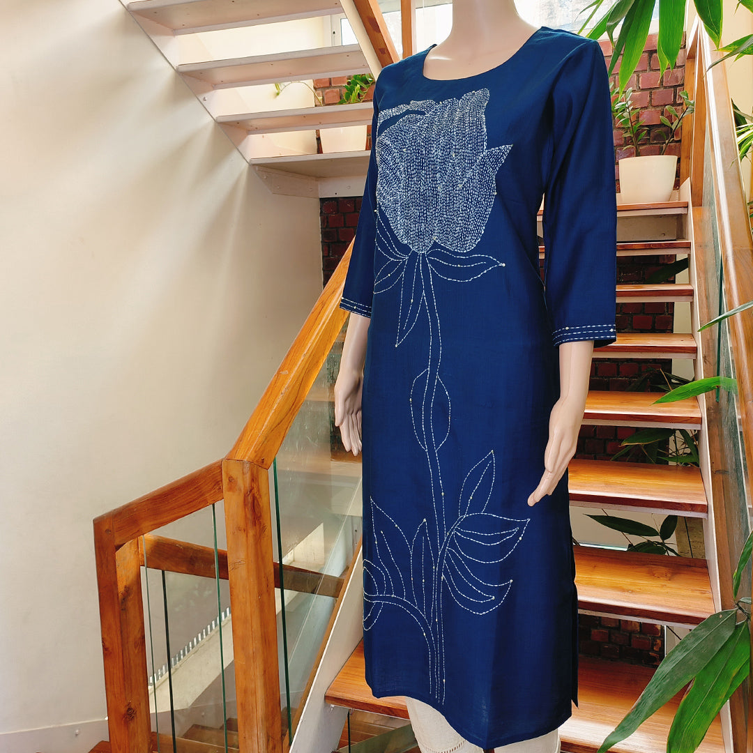 Elegant Navy Blue Khada Stitch Embroidered Semi-Silk Kurti