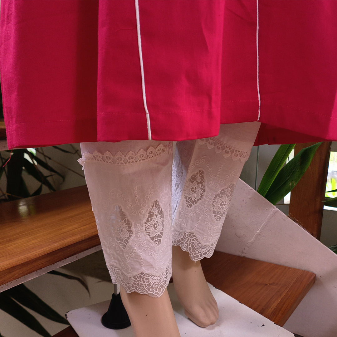 Stylish Red Butterfly Embroidered Kurti with Lace detailed Bottom.