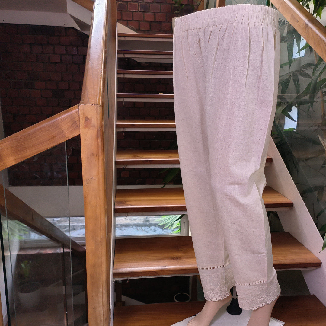 Women's Beige Khadi Cotton Bottom with Lace Detailing