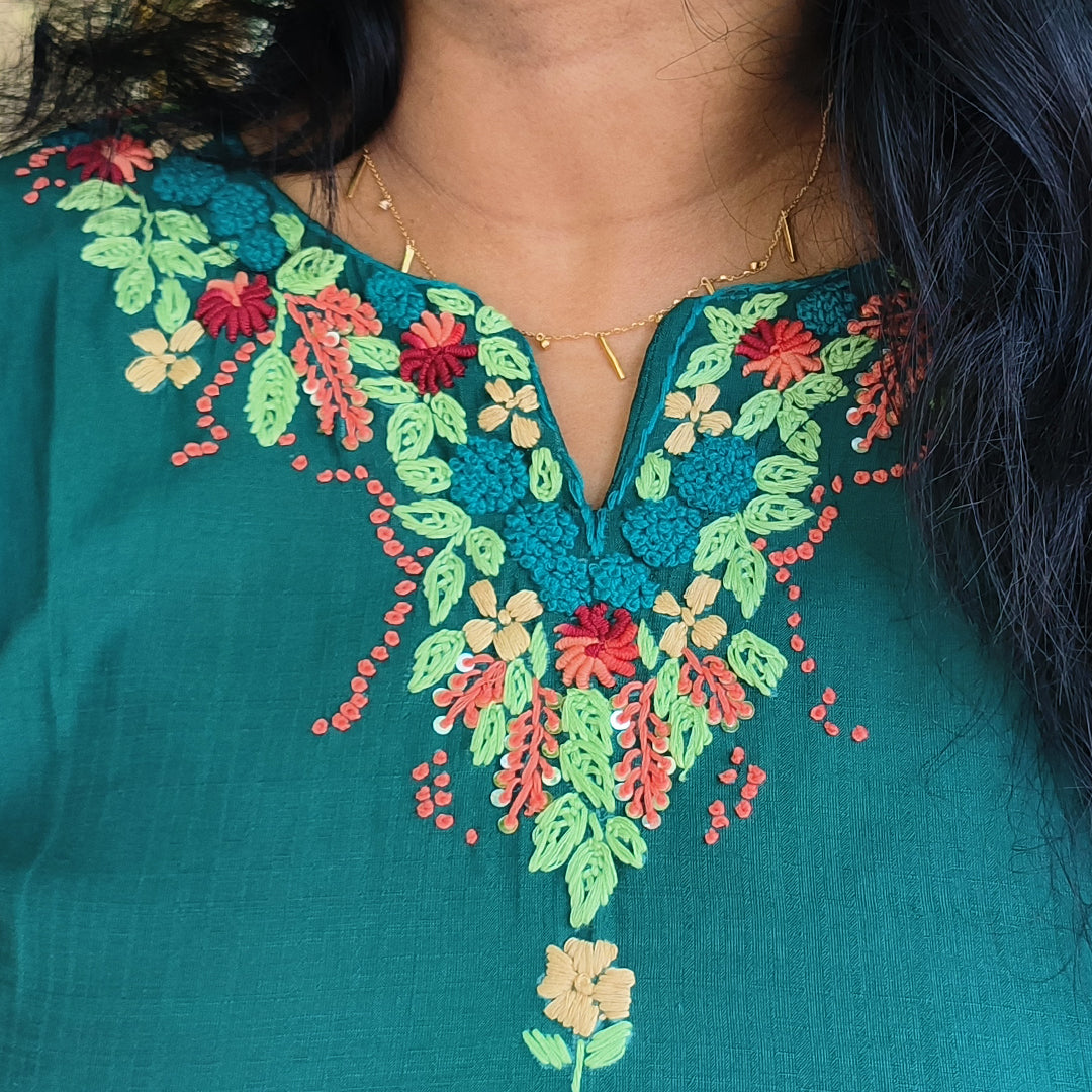 Embroidered Kurti Bottle Green