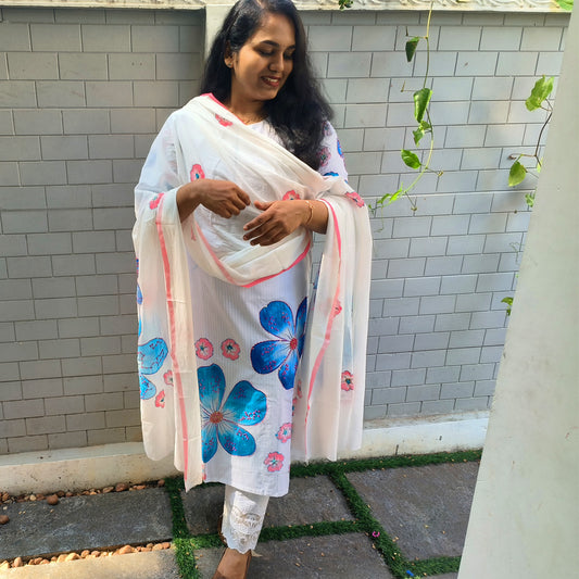 White Cotton Two-Piece Set with Blue & Coral Floral Print - Kurta, Matching Dupatta