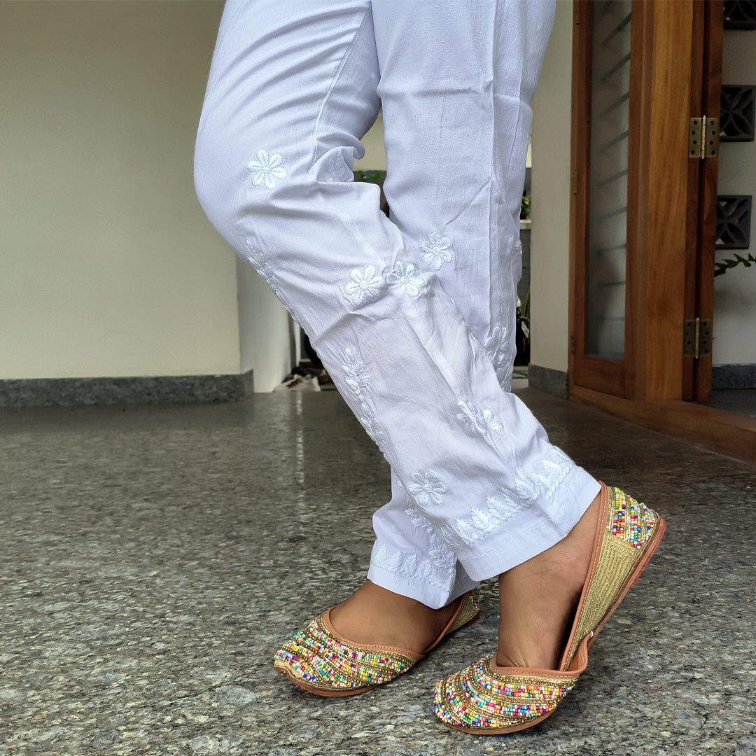 Classic Embroidered White Stretchable Pants