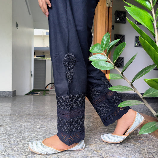 Women's Lucknow Chikan Cotton Trousers Beige Black