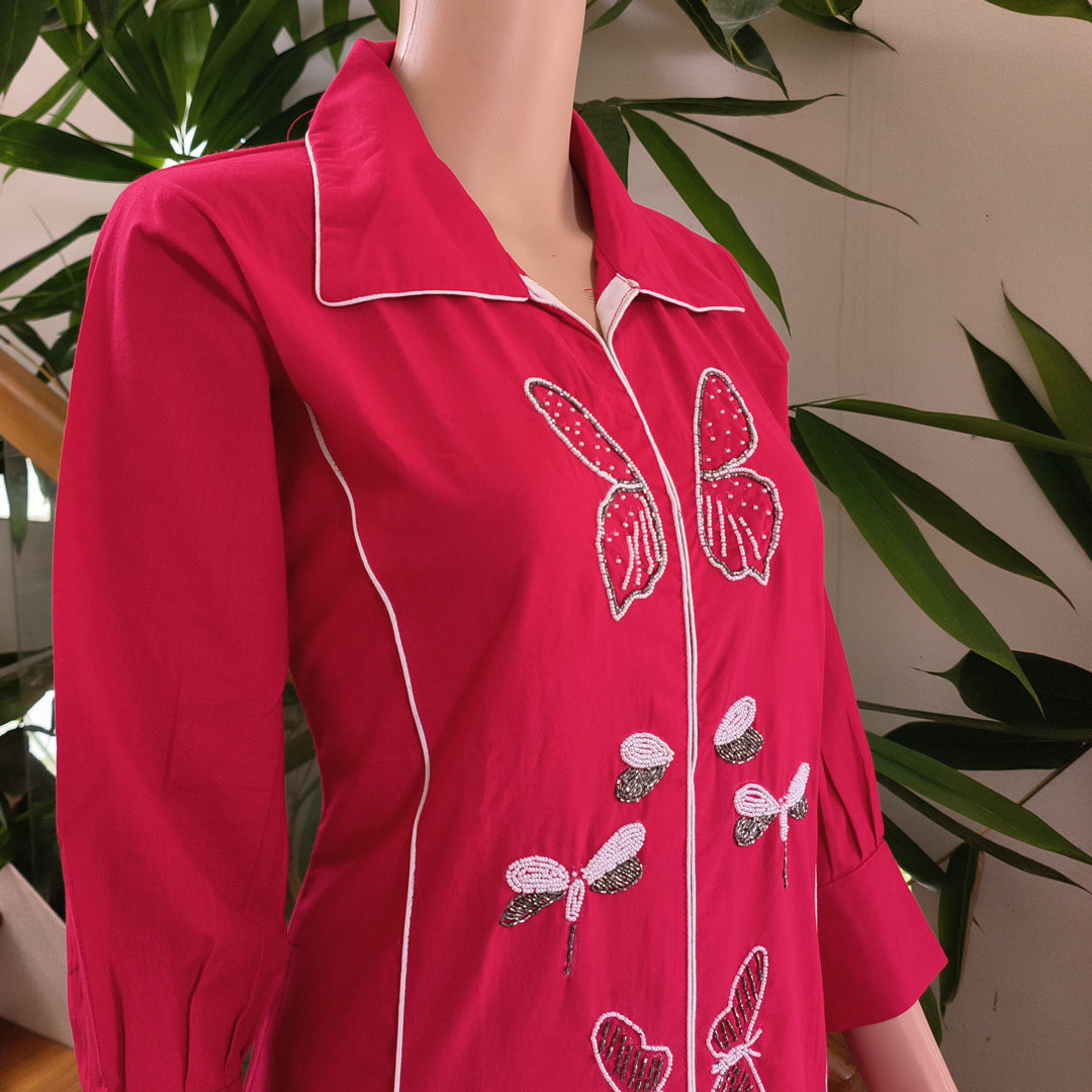 Stylish Red Butterfly Embroidered Kurti with Lace detailed Bottom.