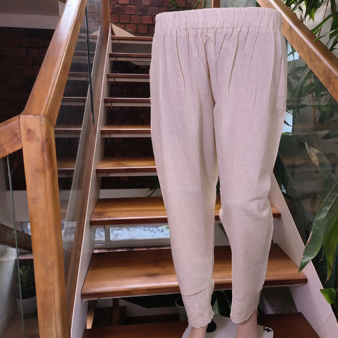 Women's Beige Khadi Cotton Bottom with Lace Detailing