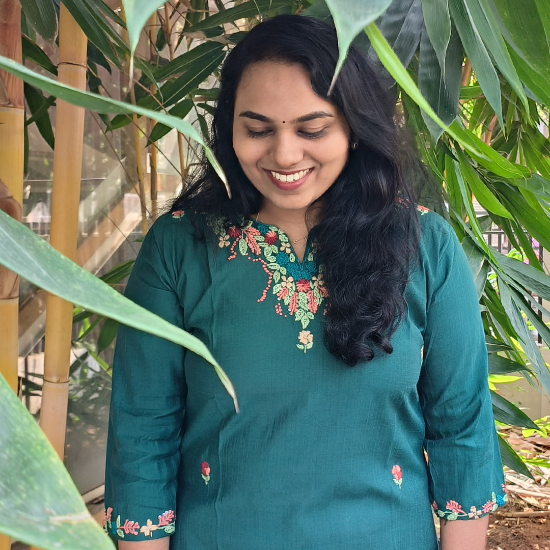 Embroidered Kurti Bottle Green