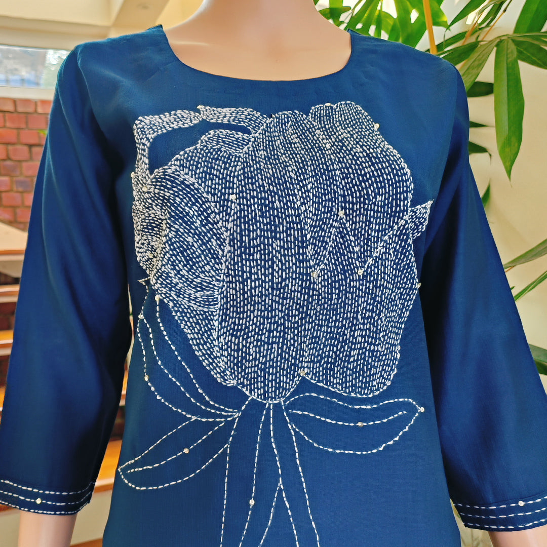 Elegant Navy Blue Khada Stitch Embroidered Semi-Silk Kurti