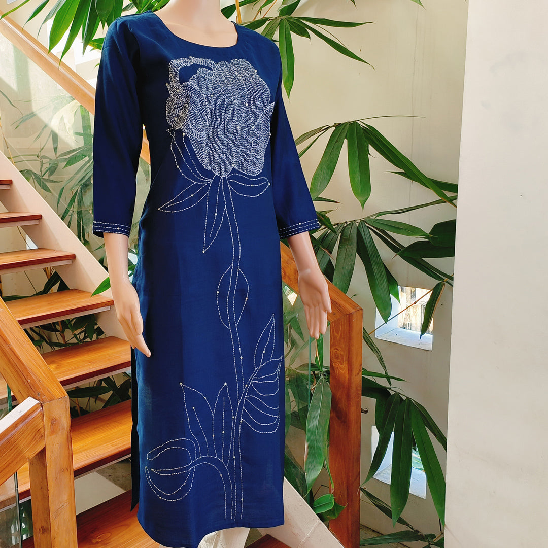 Elegant Navy Blue Khada Stitch Embroidered Semi-Silk Kurti