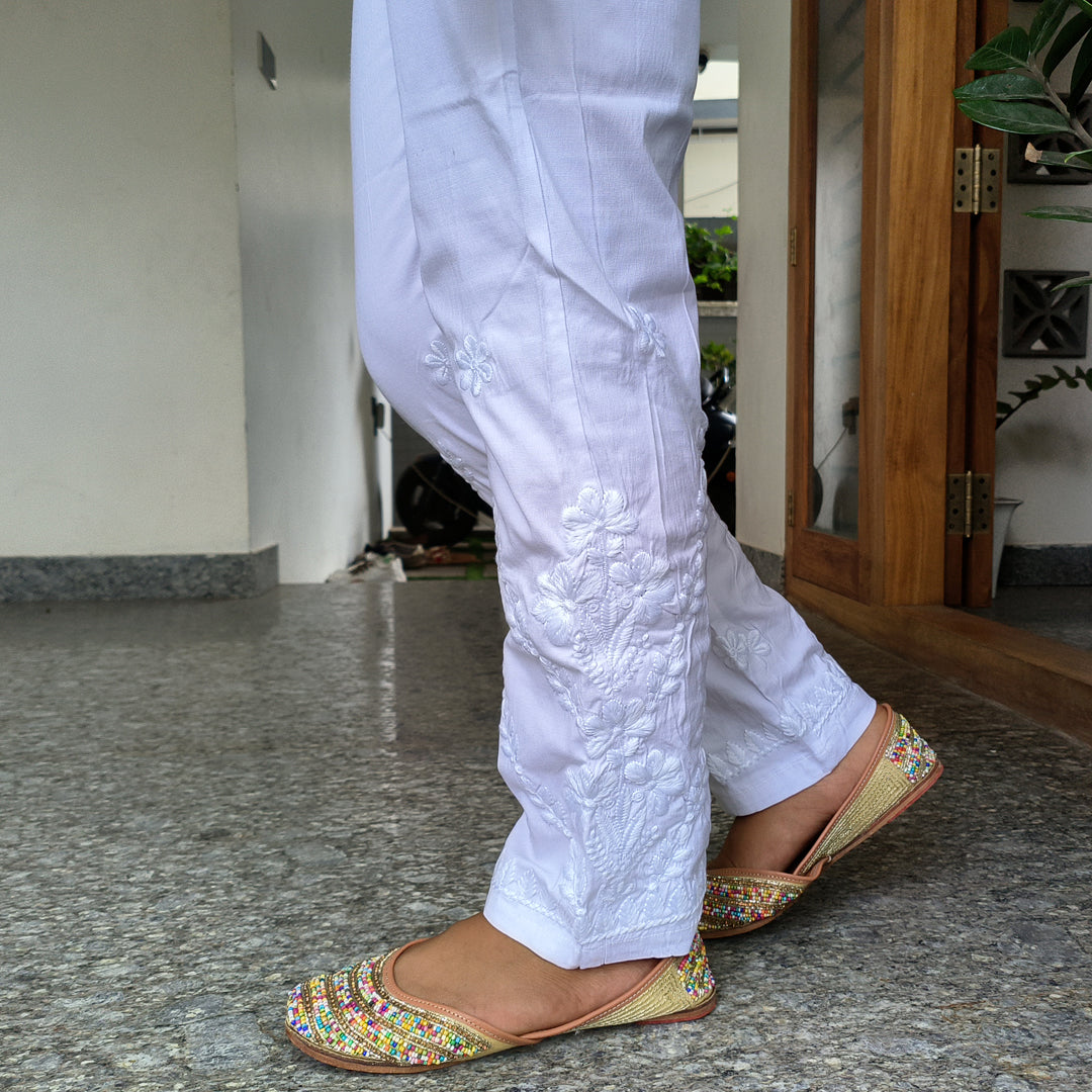 Classic Embroidered White Stretchable Pants