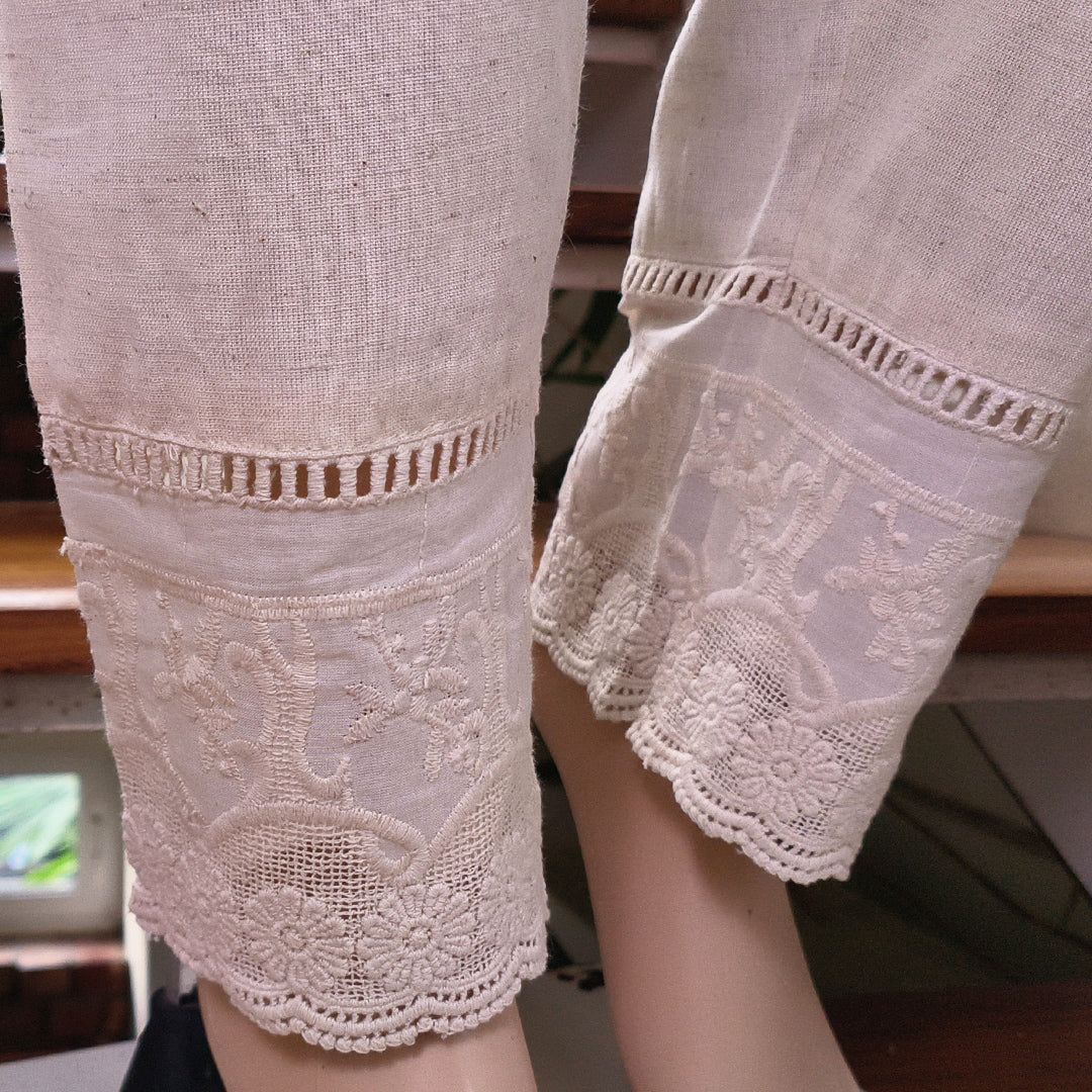 Women's Beige Khadi Cotton Bottom with Lace Detailing