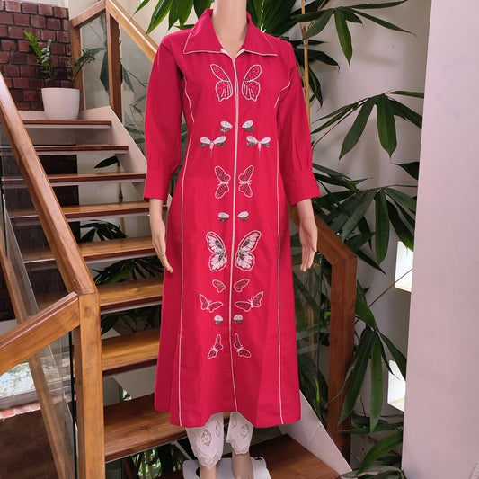 Stylish Red Butterfly Embroidered Kurti with Lace detailed Bottom.