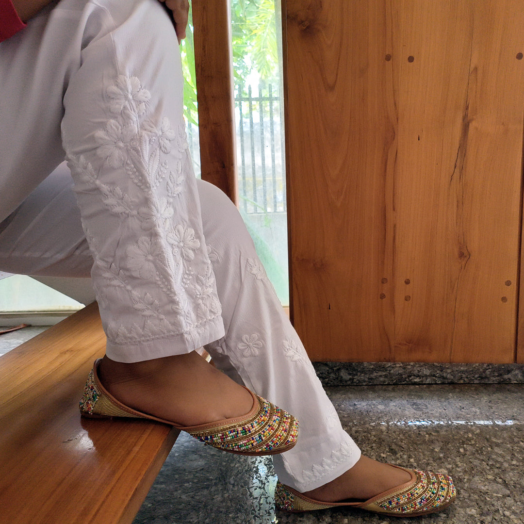 Classic Embroidered White Stretchable Pants