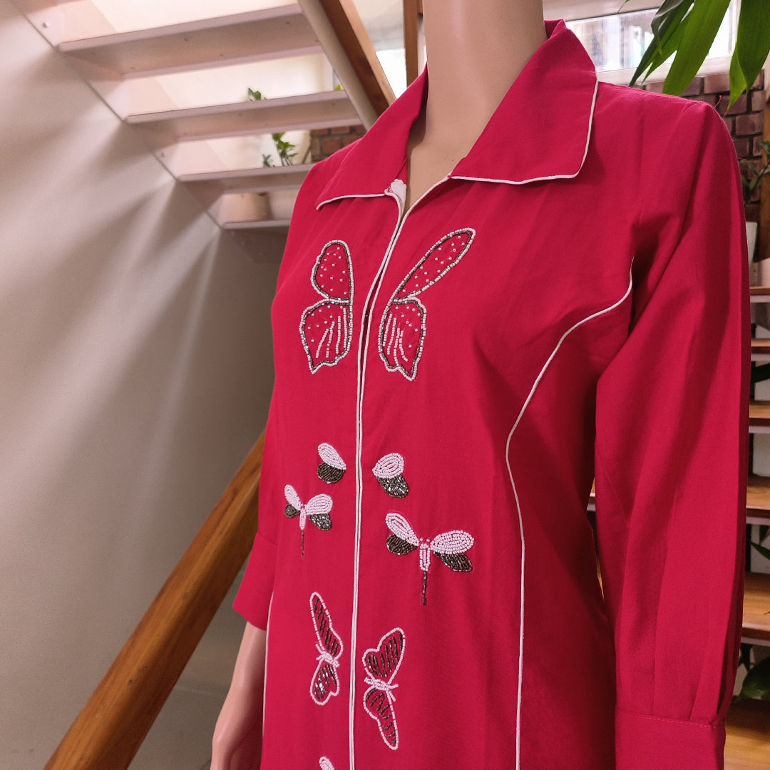 Stylish Red Butterfly Embroidered Kurti with Lace detailed Bottom.