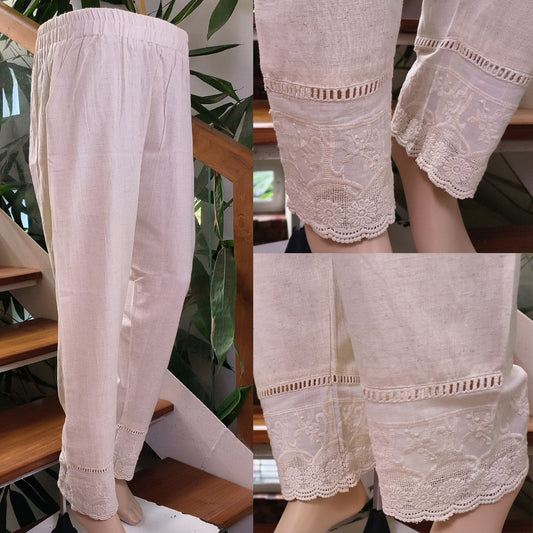 Women's Beige Khadi Cotton Bottom with Lace Detailing