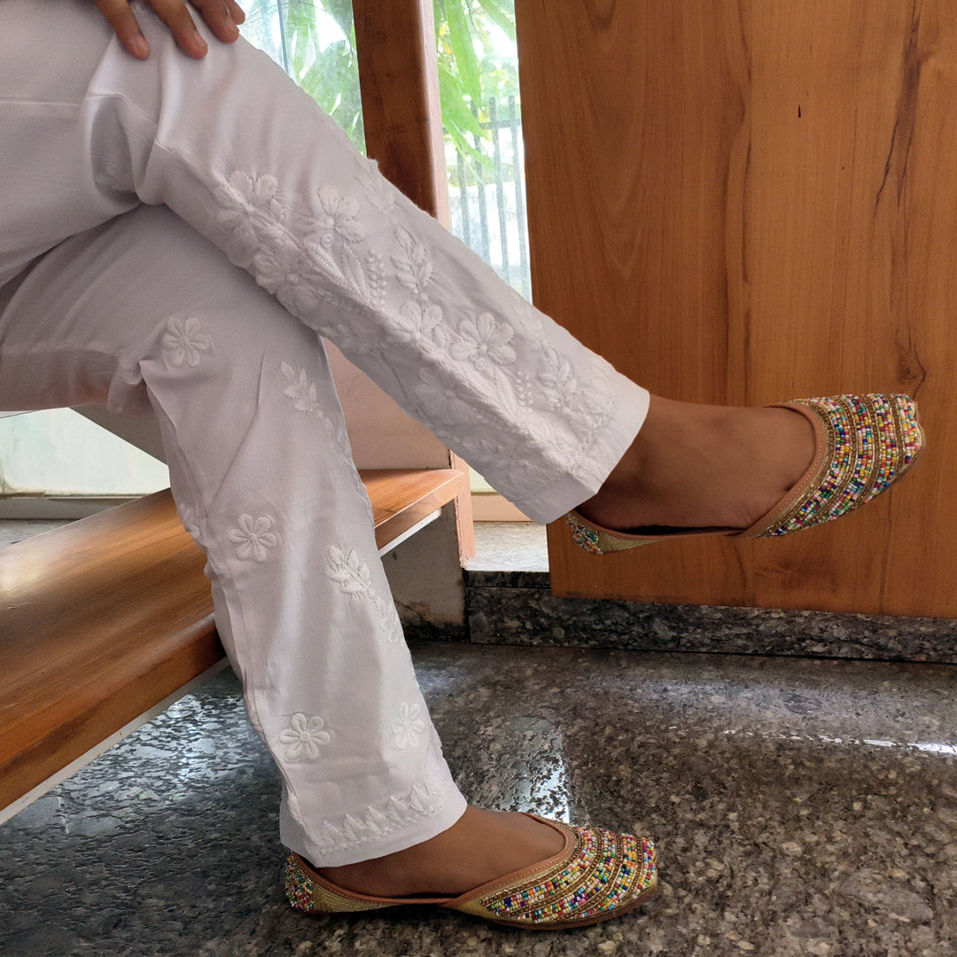 Classic Embroidered White Stretchable Pants