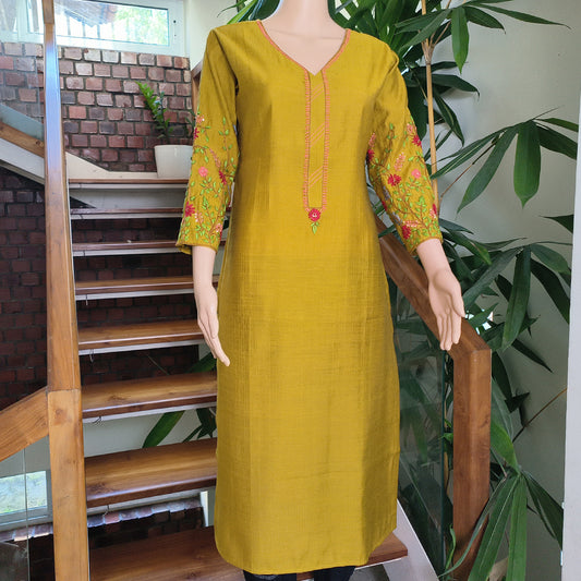 Elegant Semi-Silk Kurti with Hand-Embroidered Sleeves