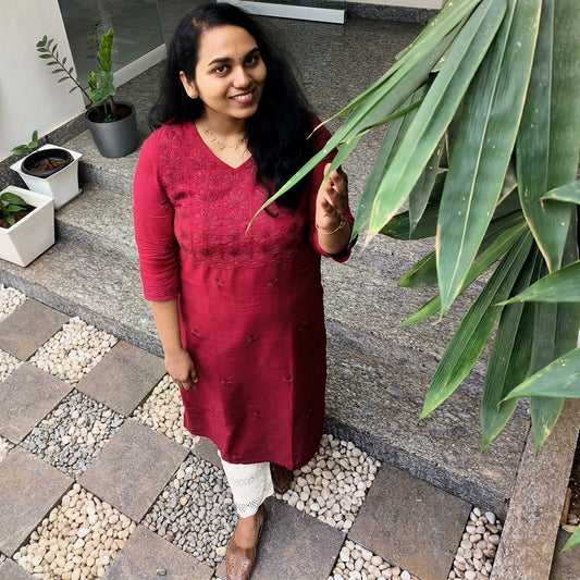 Lucknow Handmade Chikankari Cotton kurti Deep Wine