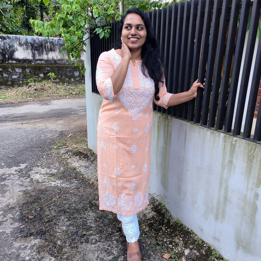 Hand-Chikankari Kurti — Imported Rayon Peach