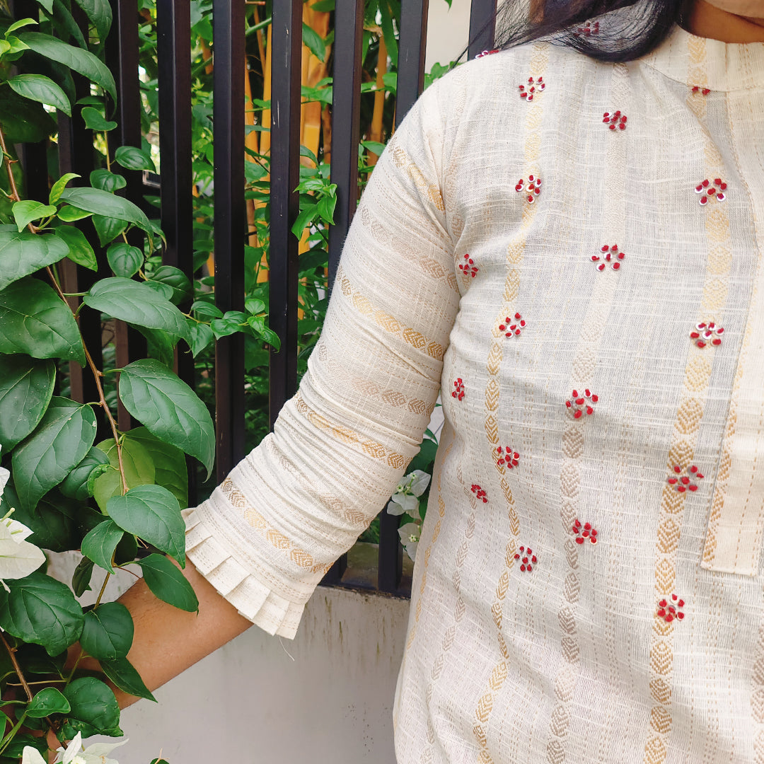 Elegant Off White Cotton Kurti with Red Floral Embroidery - Traditional Neckline Design