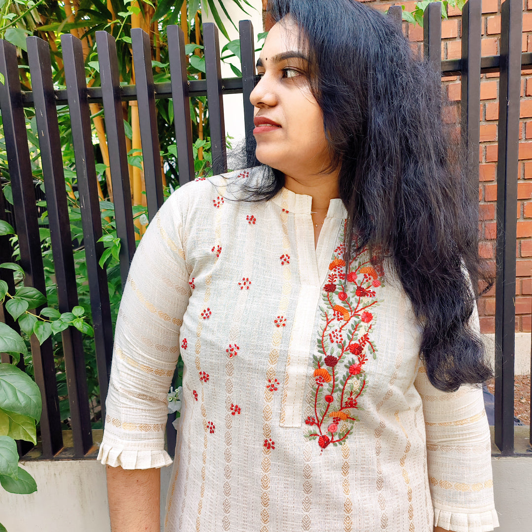 Elegant Off White Cotton Kurti with Red Floral Embroidery - Traditional Neckline Design