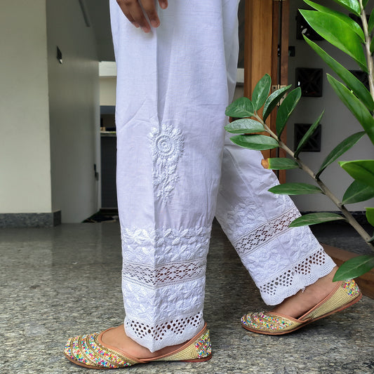Women's Lucknow Chikan Cotton Trousers White