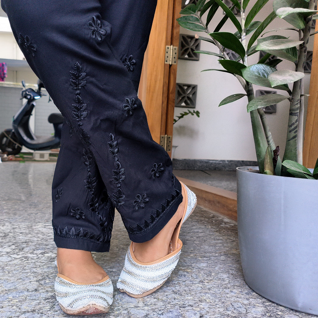 Classic Embroidered Black Stretchable Pants