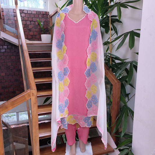 Elegant Pink Churidar Set with Floral Embroidered Sheer Dupatta