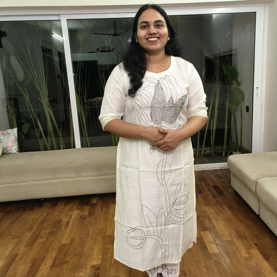 Elegant White Khada Stitch Embroidered Semi-Silk Kurti