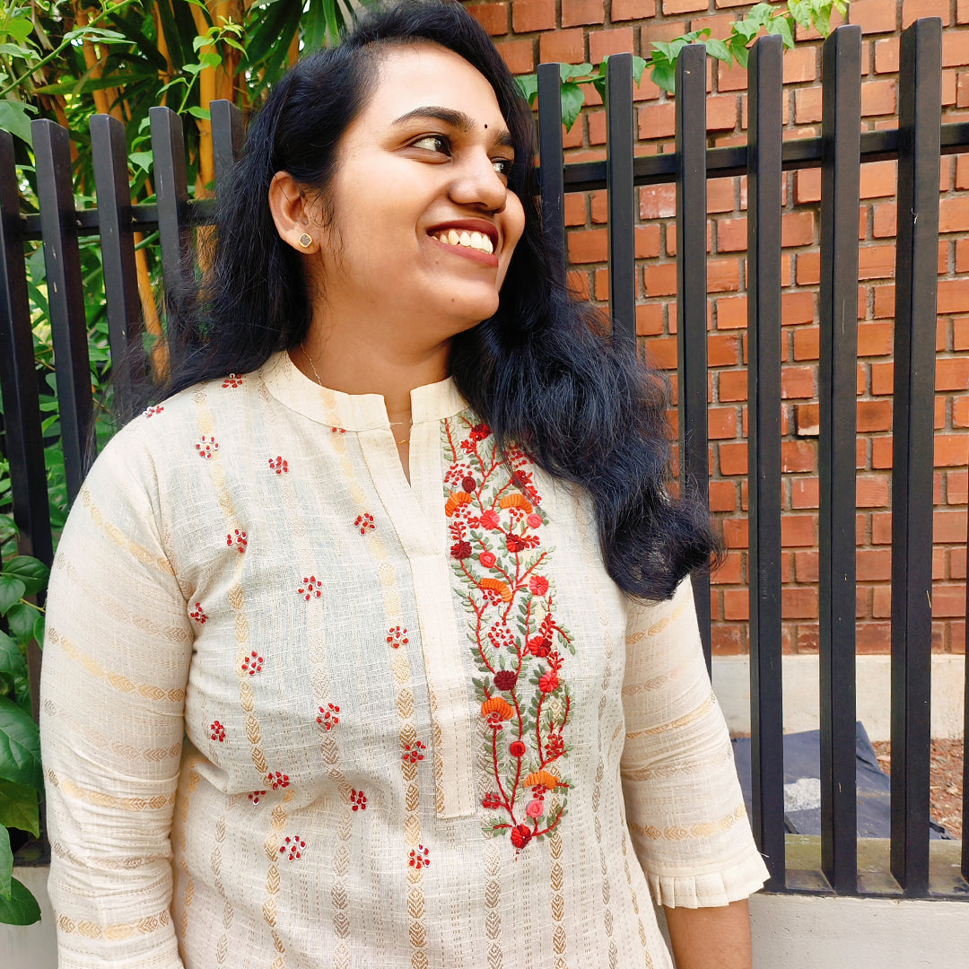 Elegant Off White Cotton Kurti with Red Floral Embroidery - Traditional Neckline Design