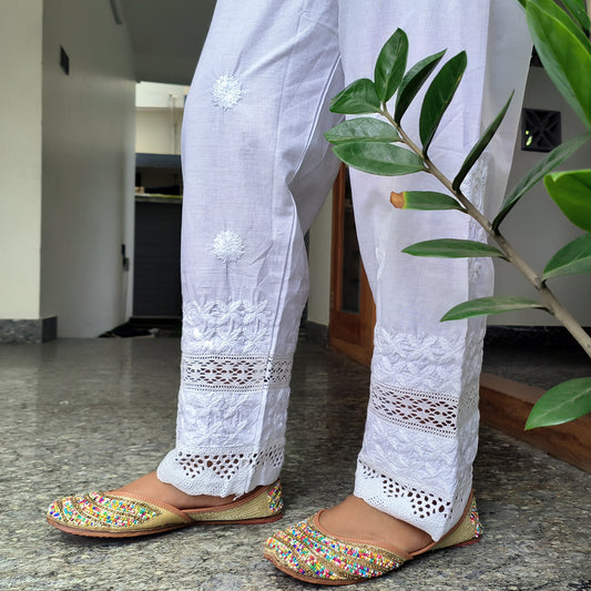 Women's Lucknow Chikan Cotton Trousers White