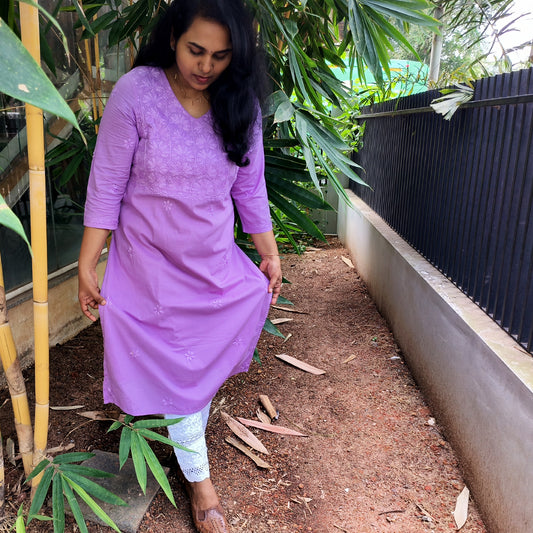Lucknow Handmade Chikankari Cotton kurti Deep Pastel Lavender