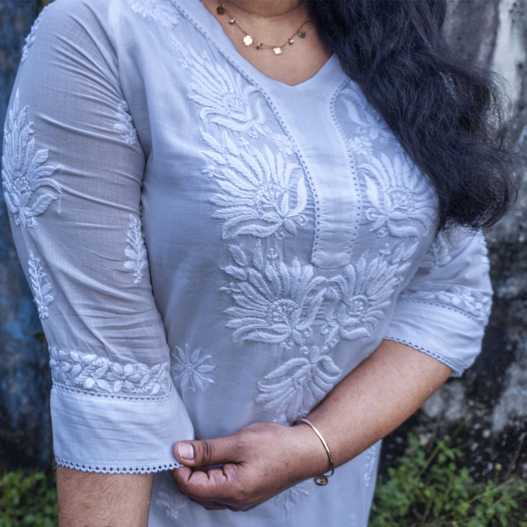 Pure Mull Cotton Chikankari Kurti – Off White (Top Only)