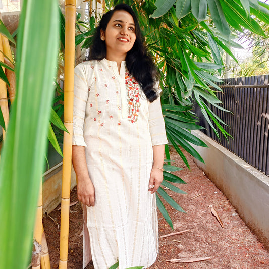 Elegant Off White Cotton Kurti with Red Floral Embroidery - Traditional Neckline Design