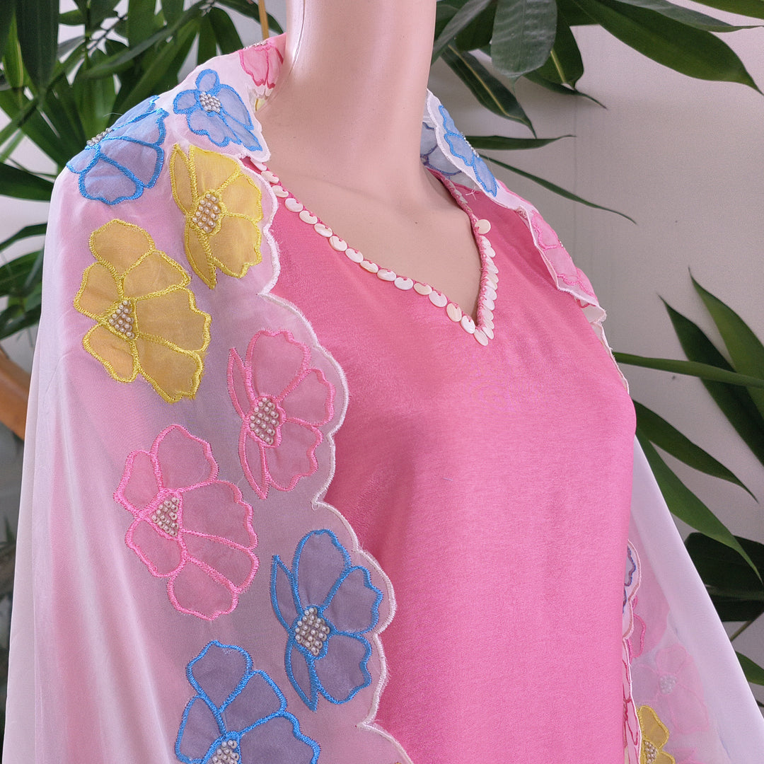 Elegant Pink Churidar Set with Floral Embroidered Sheer Dupatta