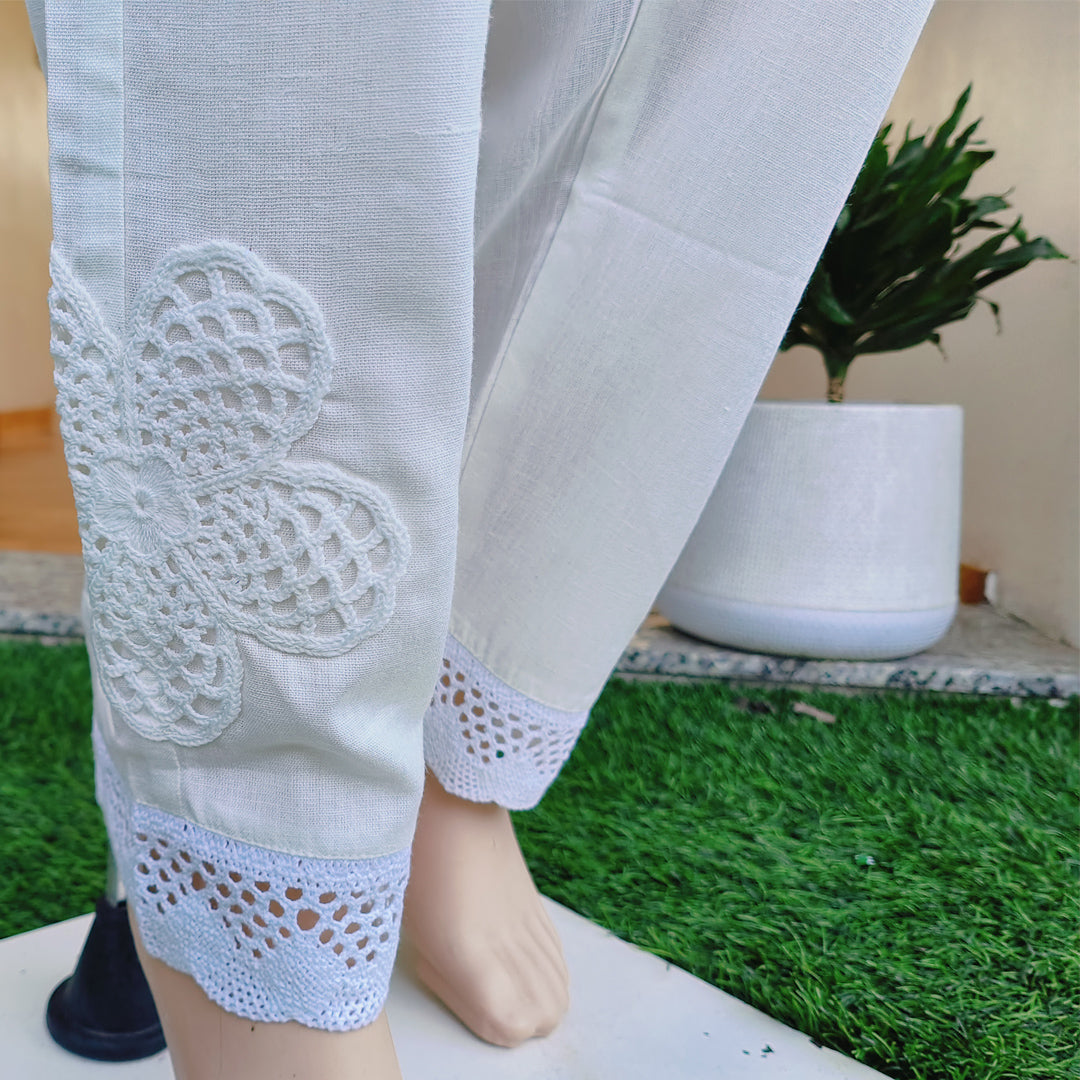 Elegant Cotton Pants with Crochet Details White