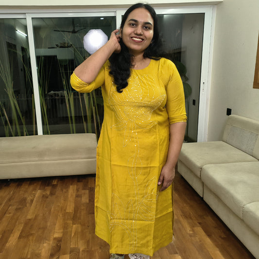 Elegant Yellow Khada Stitch Embroidered Semi-Silk Kurti