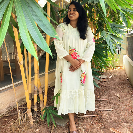 Elegant Ivory Cotton Maxi Dress with Vibrant Floral Embroidery - Tiered Design