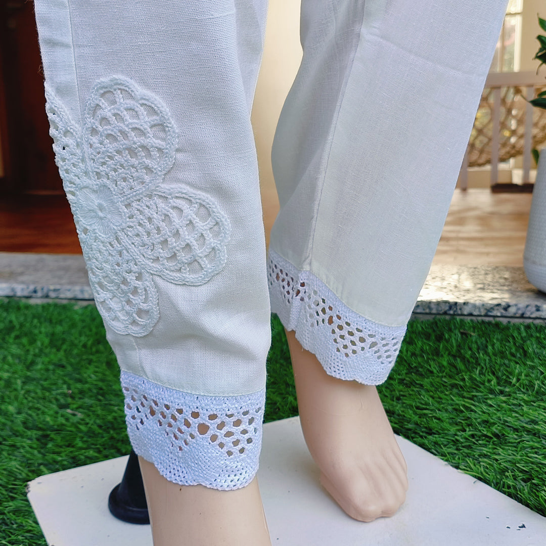 Elegant Cotton Pants with Crochet Details White