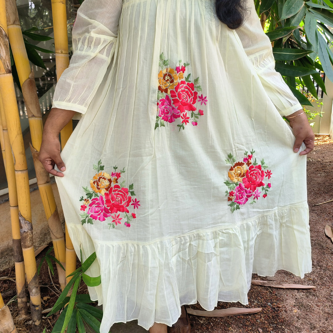 Elegant Ivory Cotton Maxi Dress with Vibrant Floral Embroidery - Tiered Design