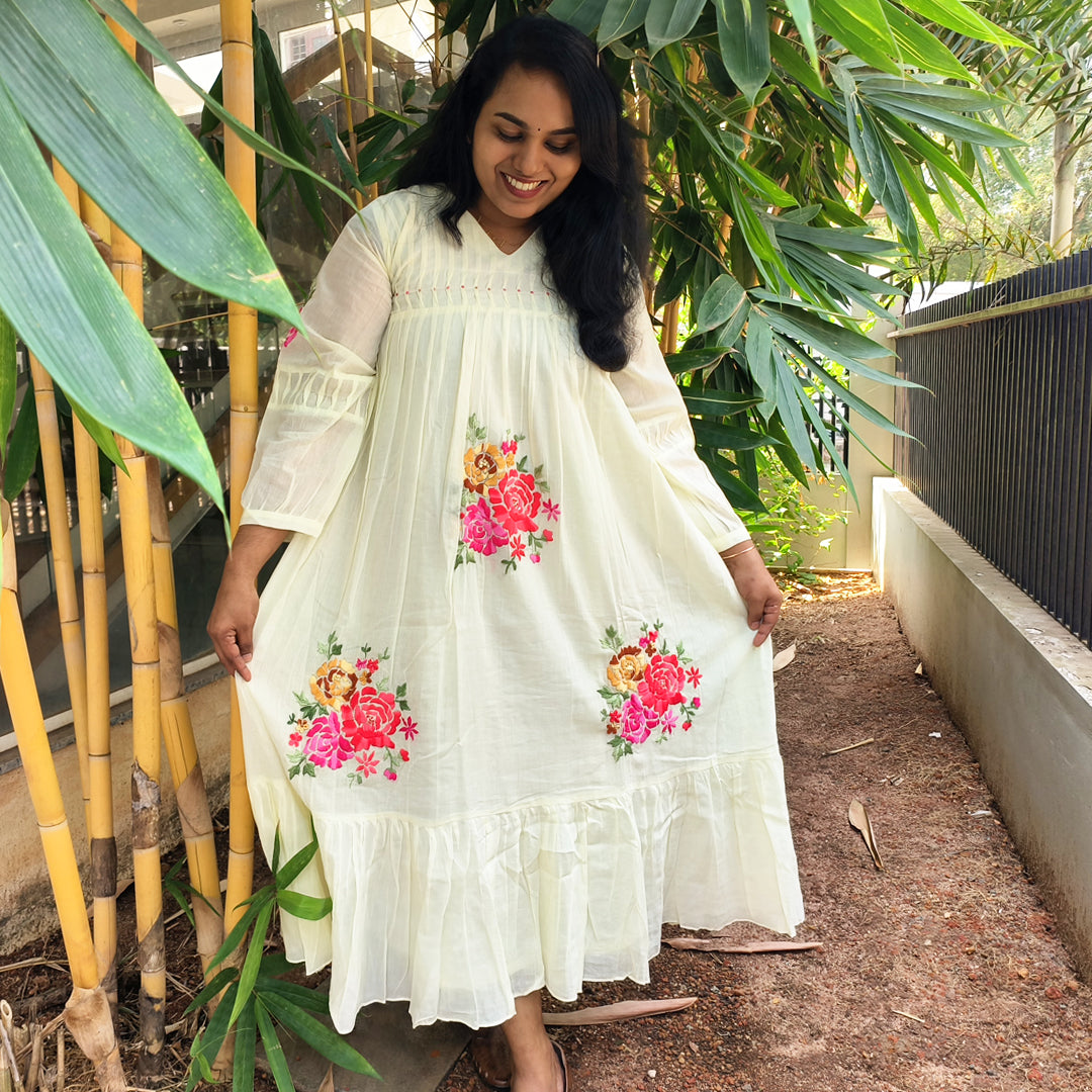 Elegant Ivory Cotton Maxi Dress with Vibrant Floral Embroidery - Tiered Design