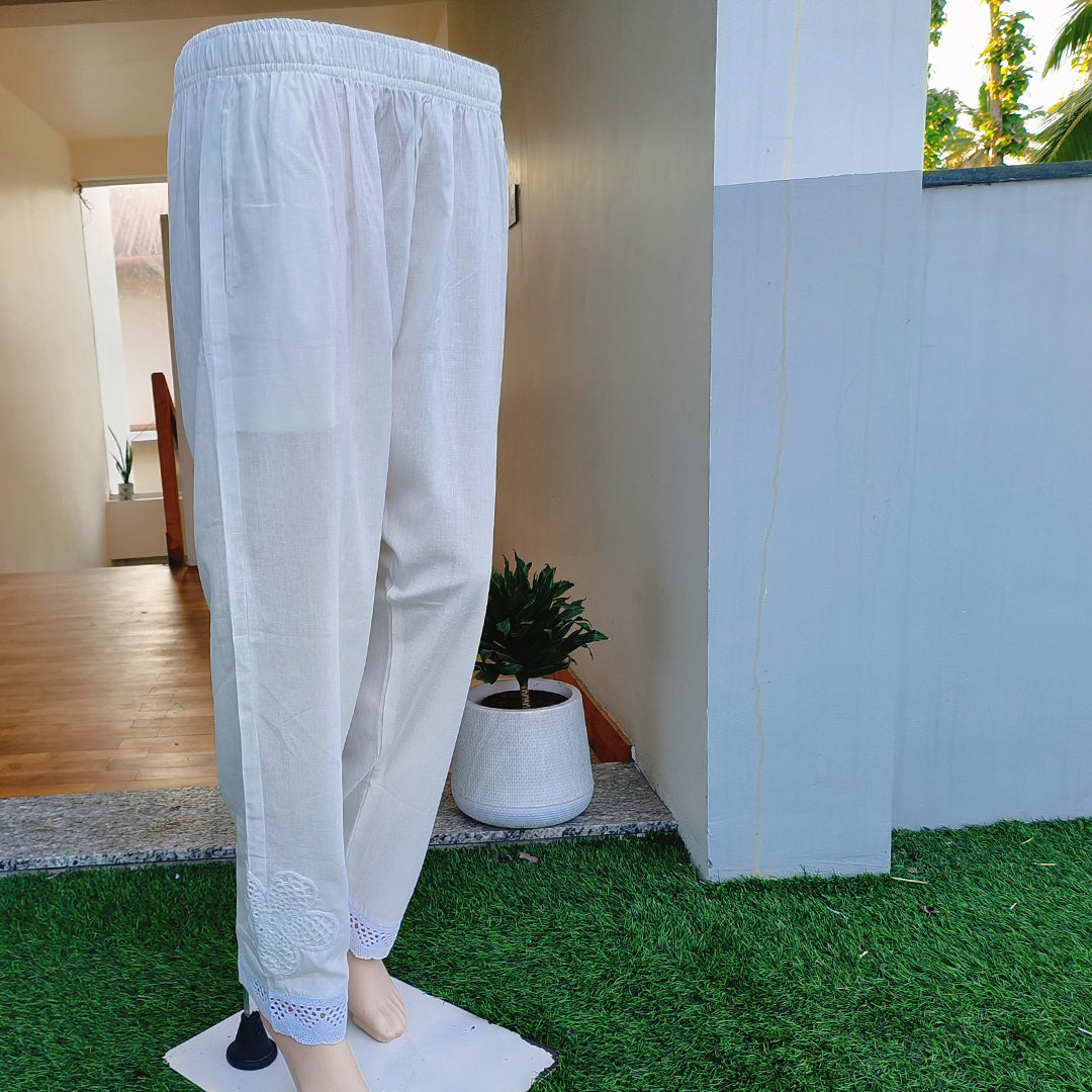 Elegant Cotton Pants with Crochet Details White