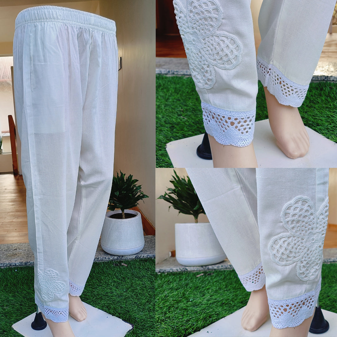 Elegant Cotton Pants with Crochet Details White