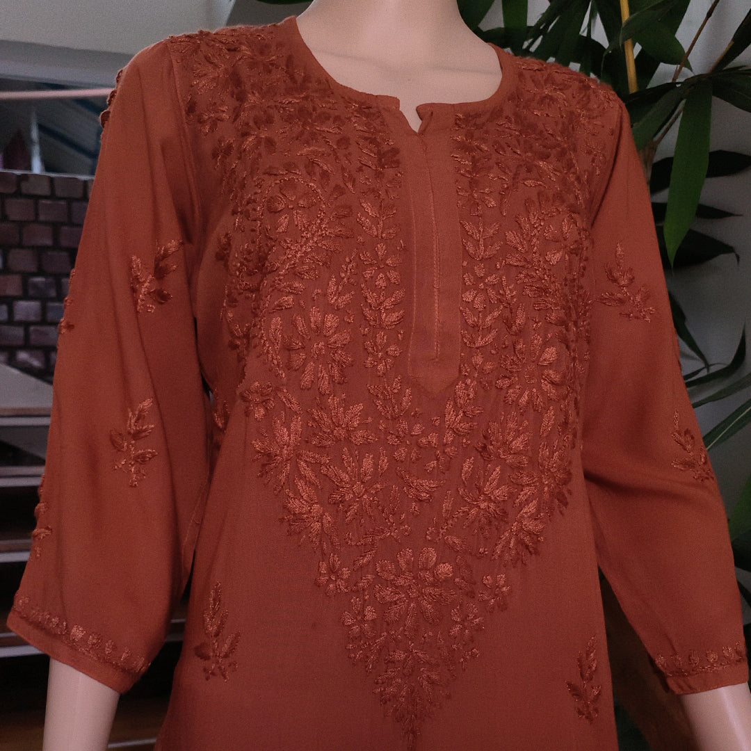 Elegant Rayon Chikankari Kurti Brown Colour