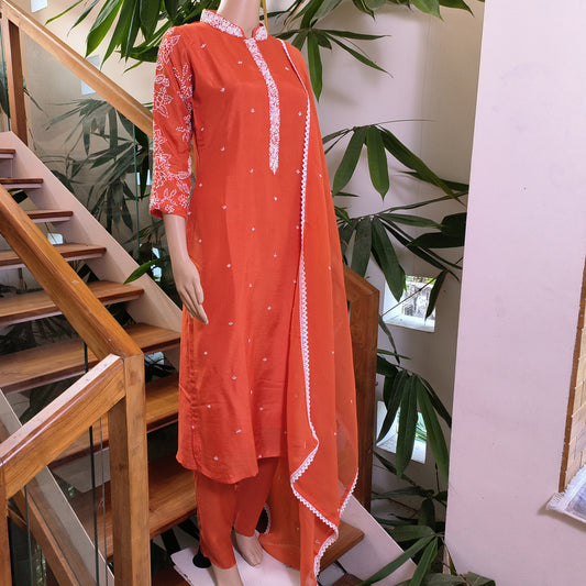 Elegant Rust Orange Russian Silk Kurta Set with Embroidered Details