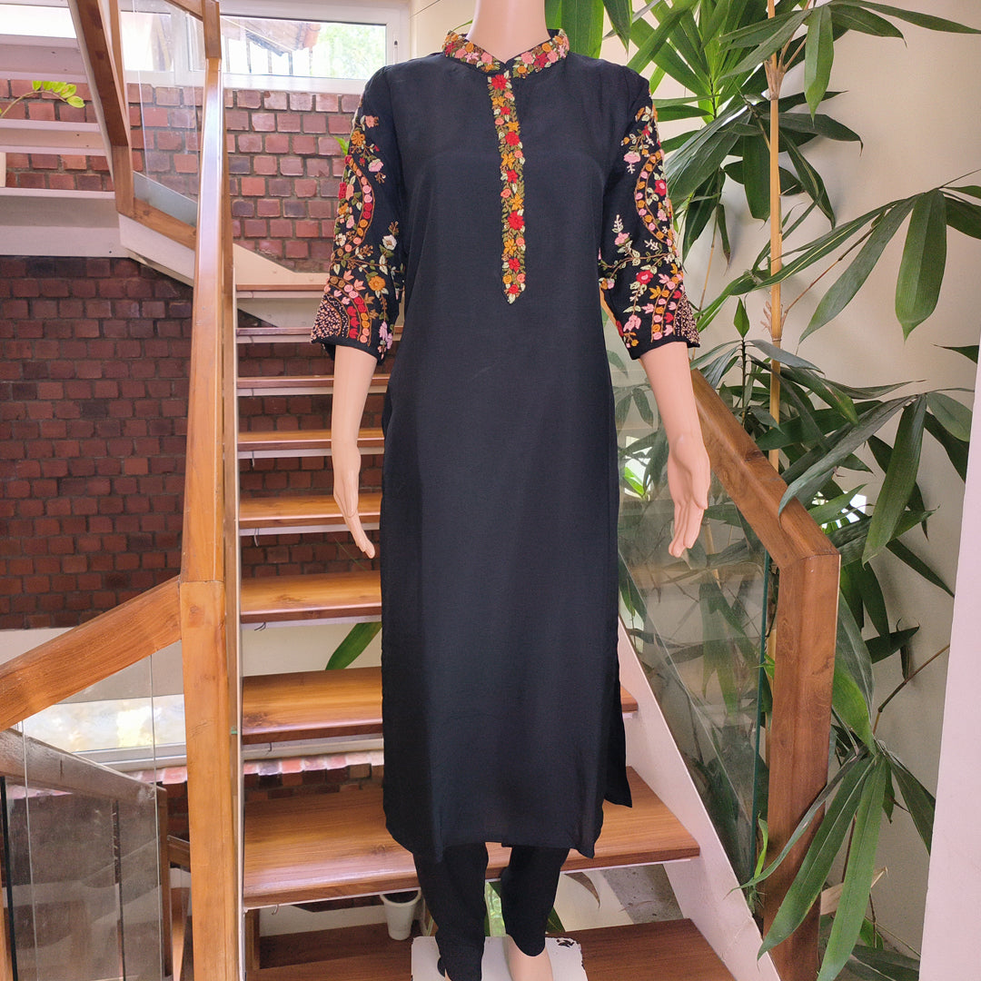 Russian Silk Hand-Embroidered Black Ensemble