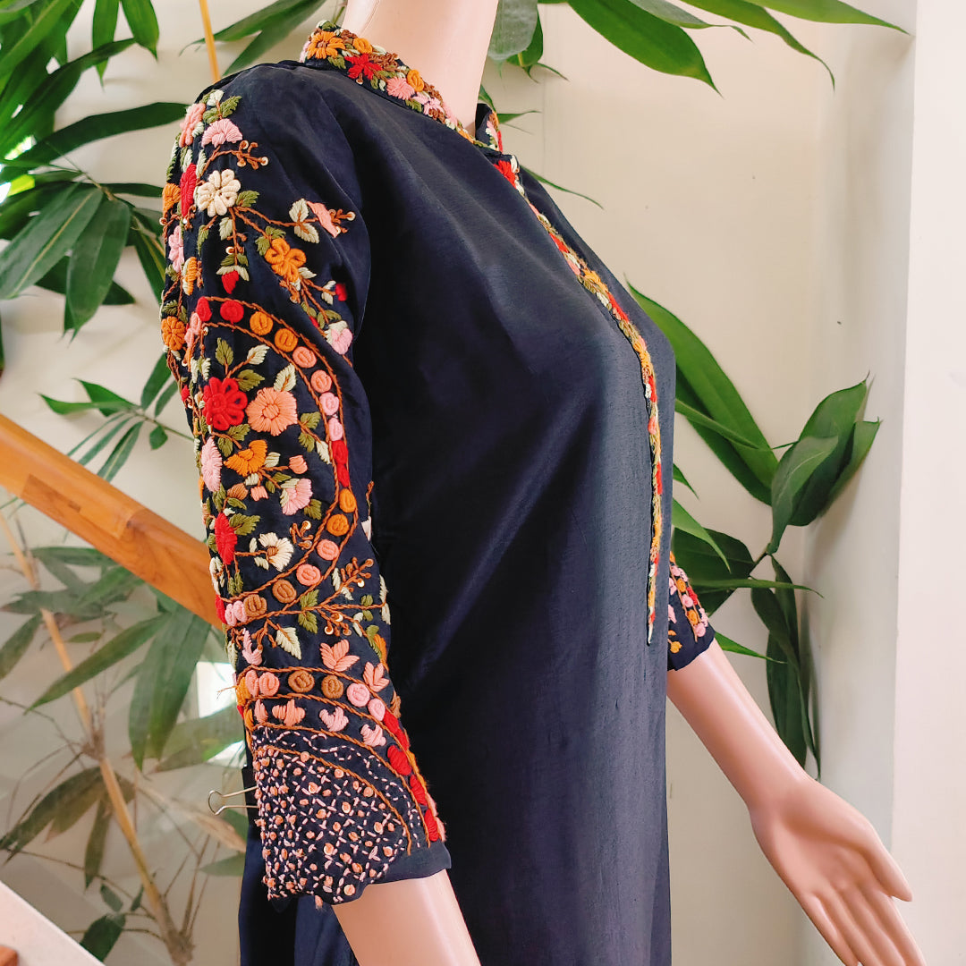 Russian Silk Hand-Embroidered Black Ensemble