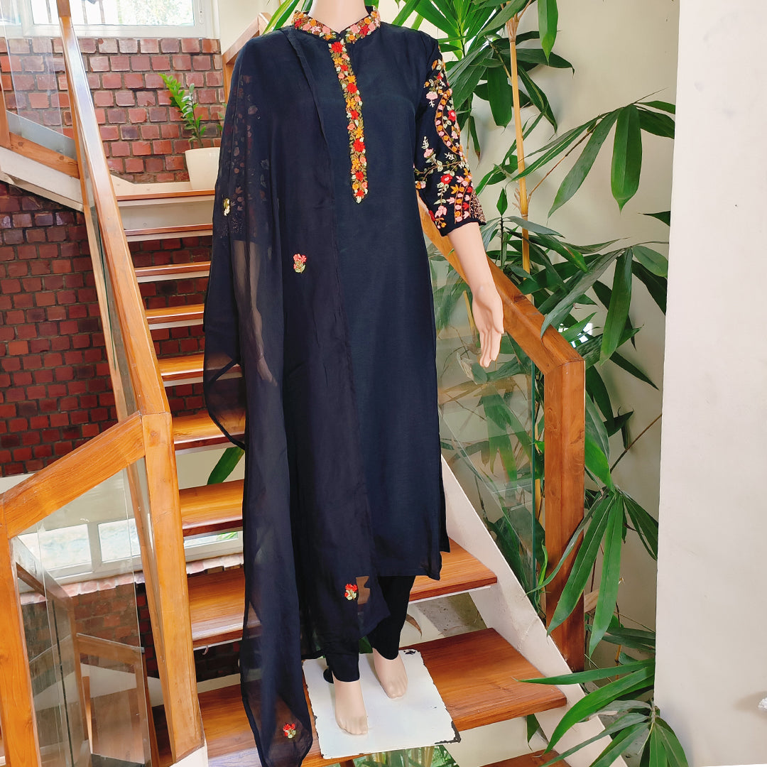 Russian Silk Hand-Embroidered Black Ensemble
