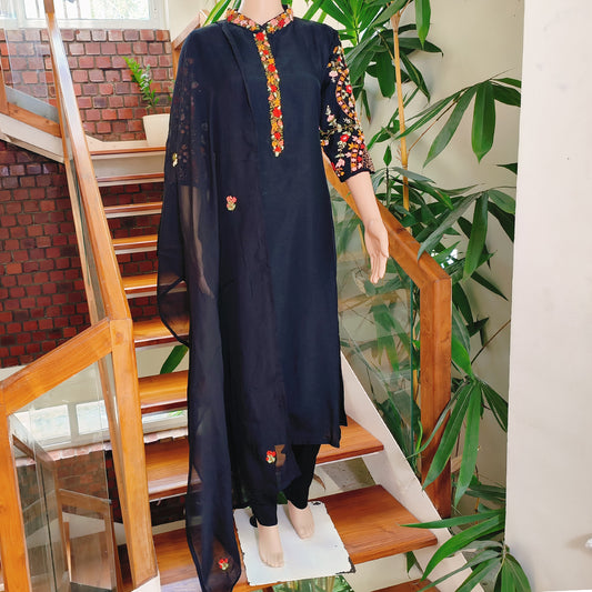 Russian Silk Hand-Embroidered Black Ensemble
