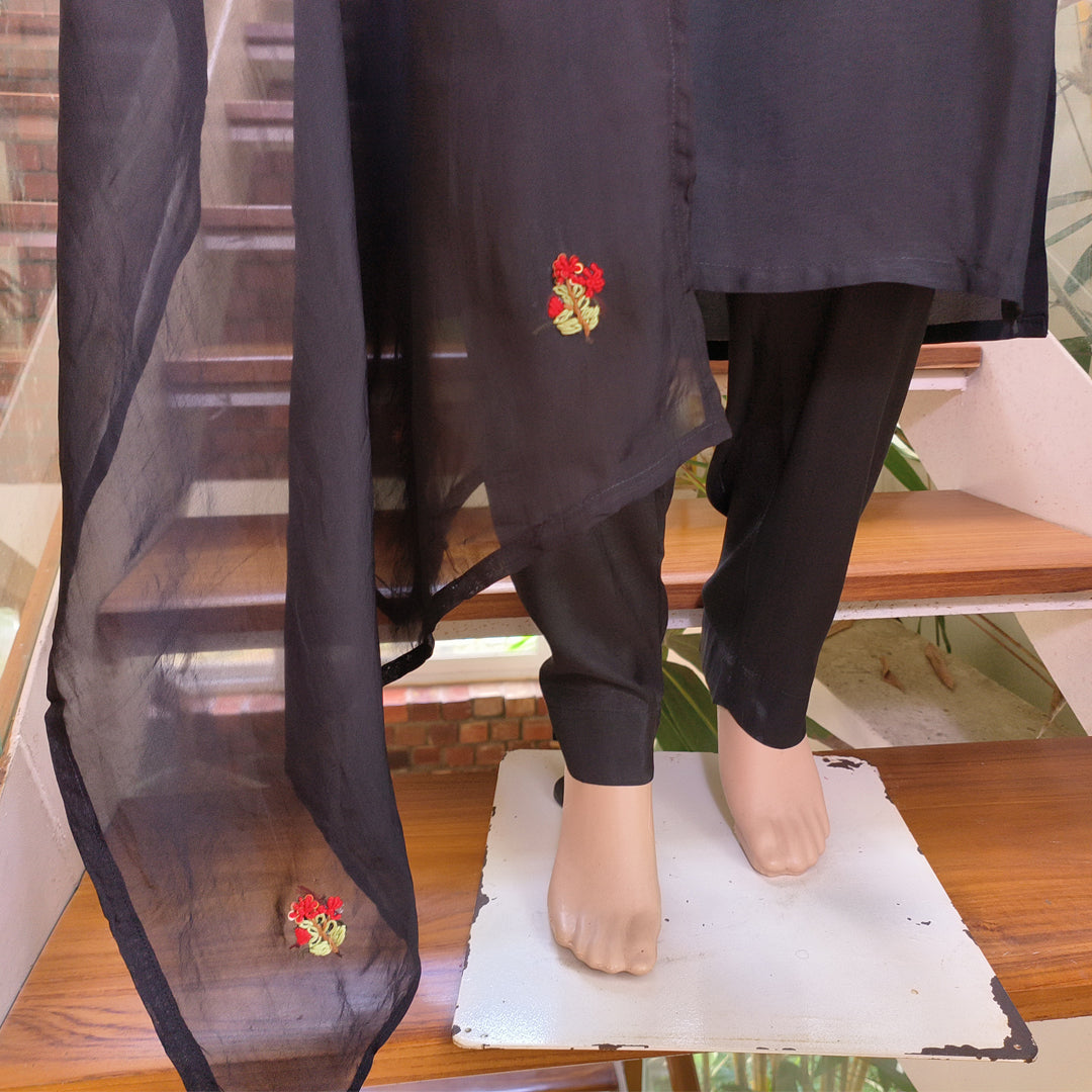 Russian Silk Hand-Embroidered Black Ensemble