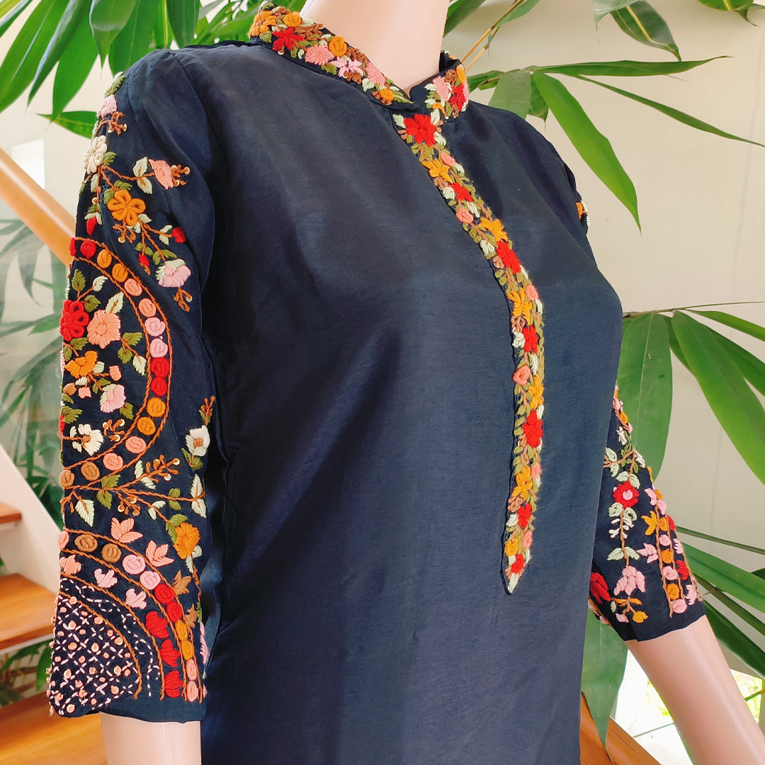 Russian Silk Hand-Embroidered Black Ensemble